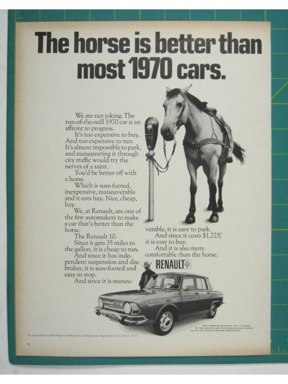 Print Ad Renault 10 Classic Car Unique 1960 Horse is Better Than Car AD